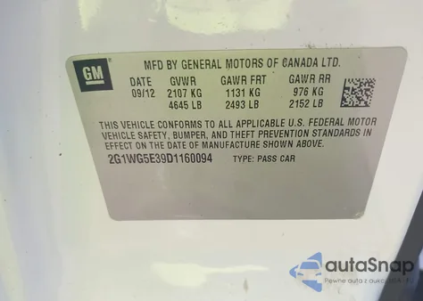 2013 Chevrolet Impala Lt z USA, uszkodzony, nr VIN 2G1WG5E39D1160094